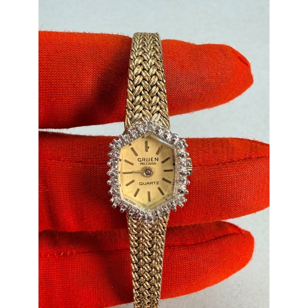 Vintage Gruen Precision Women's Diamond Bezel Watch Gold Tone Swiss Quartz 16mm